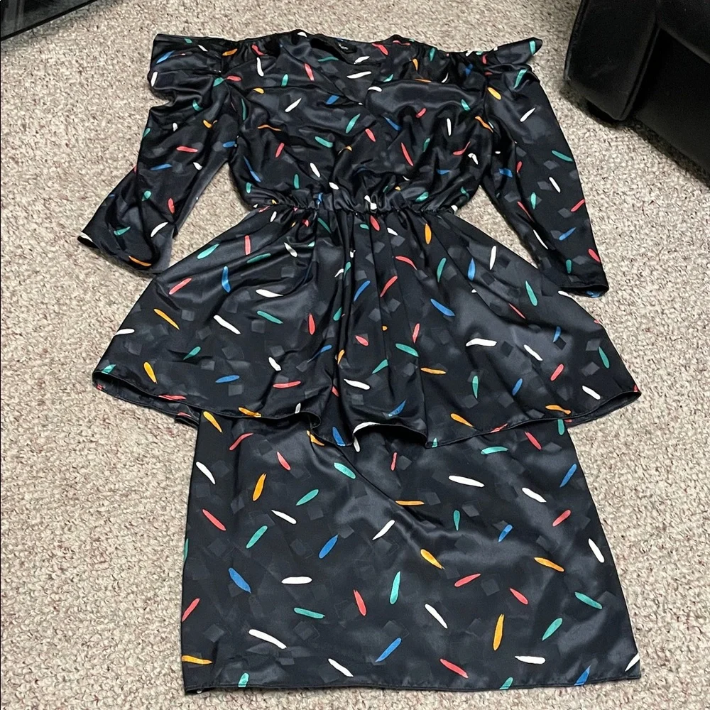 Vintage 80s/90s skirted Patterned Black silky Dress with puff 3/4 sleeve - Picture 1 of 9
